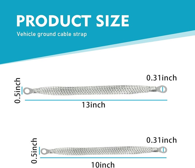 MLY 5 PCS Ground Strap Kit, 3 PCS 10" + 2 PCS 13" Grounding Strap with Terminal Plugs, Durability Flat Tinned Copper Ground Strap Wire Automotive, Universal for Cars, Trucks, SUVs (Silver) - Image 2